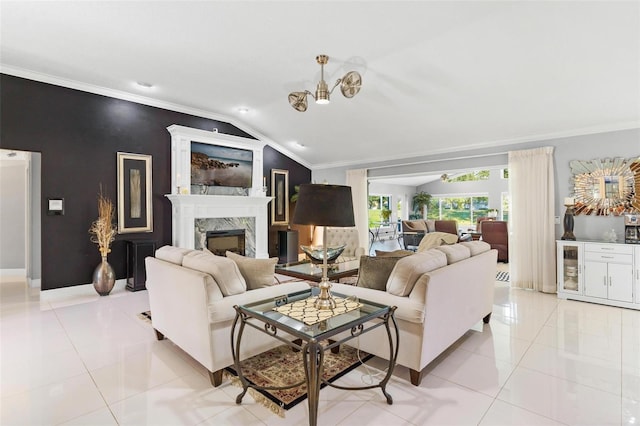 tiled living room featuring a premium fireplace, crown molding, and vaulted ceiling