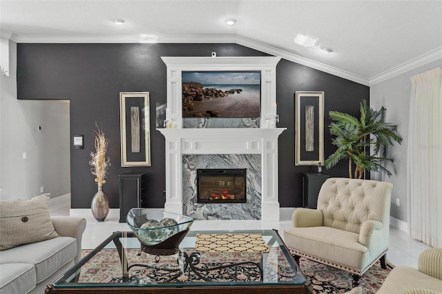 living room with crown molding, vaulted ceiling, tile patterned flooring, and a fireplace