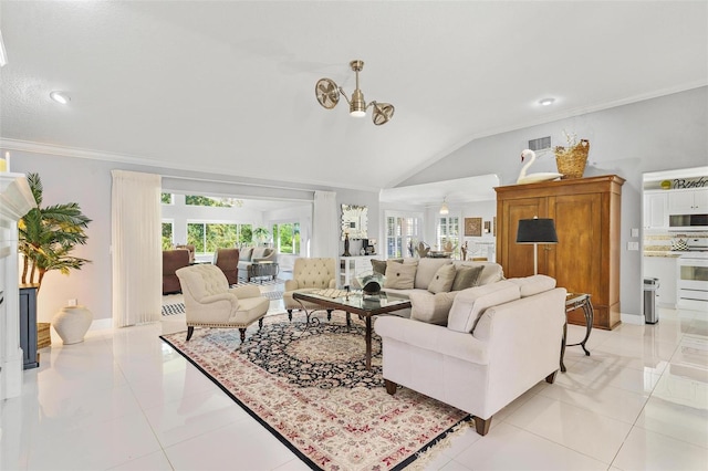 tiled living room featuring ornamental molding and vaulted ceiling