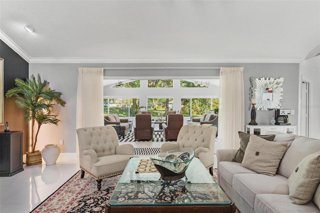 living room featuring ornamental molding and tile patterned floors