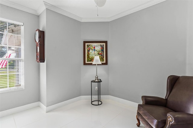 living area featuring ornamental molding, ceiling fan, and light tile patterned floors