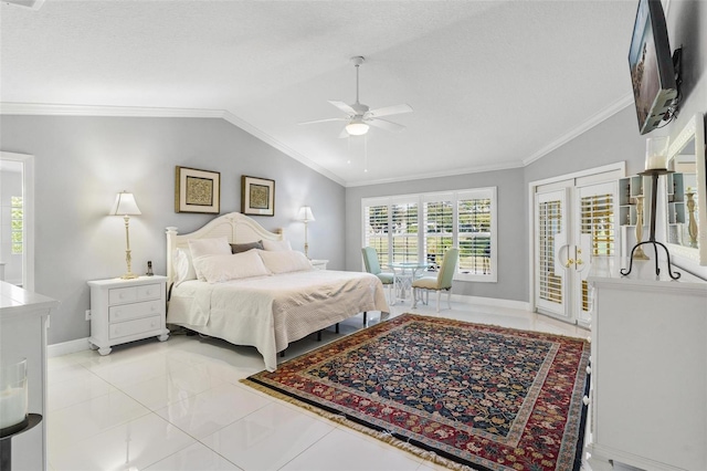 bedroom featuring ceiling fan, a textured ceiling, access to exterior, vaulted ceiling, and crown molding