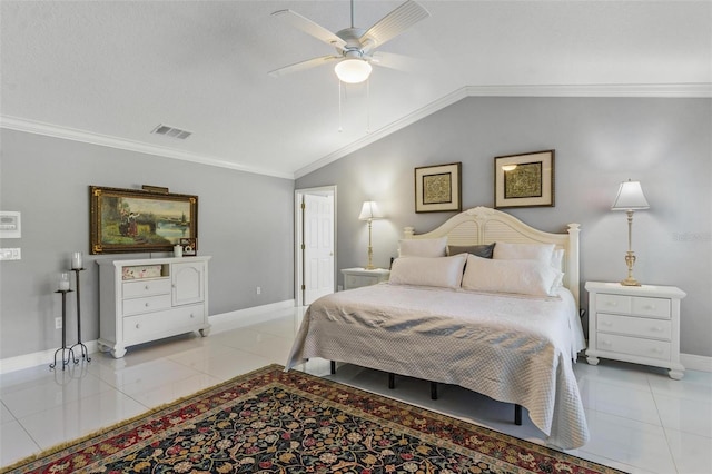 bedroom featuring ceiling fan, ornamental molding, vaulted ceiling, and light tile patterned floors