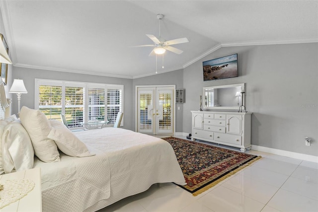 bedroom featuring access to outside, ceiling fan, vaulted ceiling, ornamental molding, and light tile patterned floors