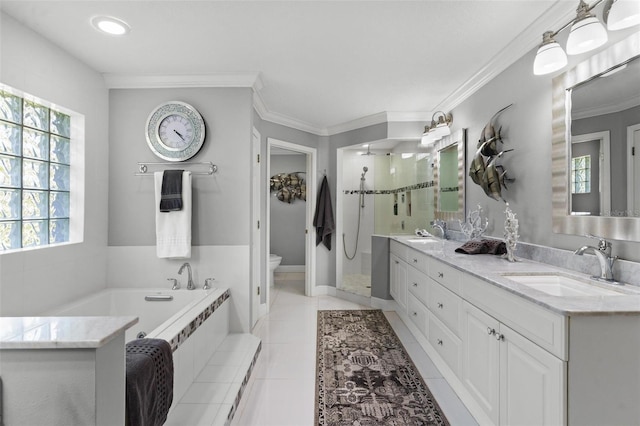 full bathroom featuring toilet, ornamental molding, vanity, and independent shower and bath