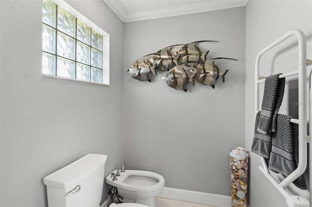 bathroom with ornamental molding, a bidet, toilet, and tile patterned floors