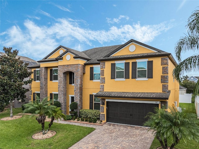 view of front facade featuring a front lawn and a garage