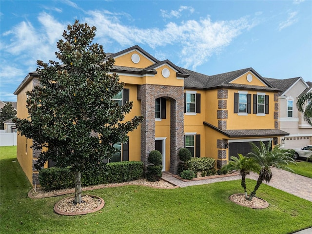 view of front of home featuring a garage and a front lawn