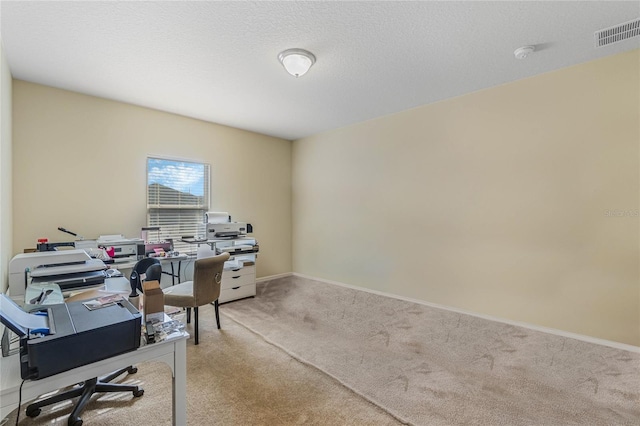 carpeted office with a textured ceiling