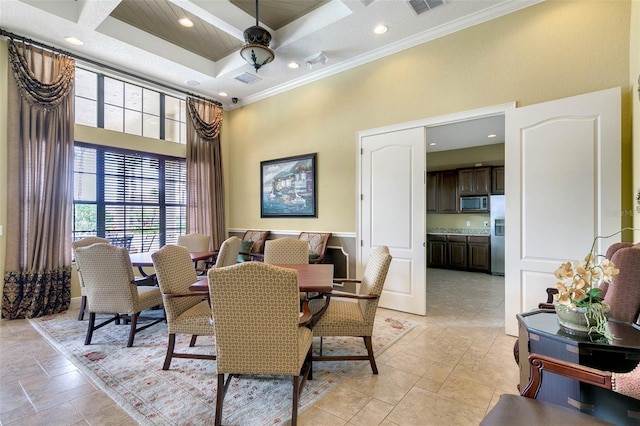 349 Morning View Dr, Winter Garden, FL 34787 - dining space with a towering ceiling, ornamental molding, coffered ceiling, recessed lighting, and a ceiling fan