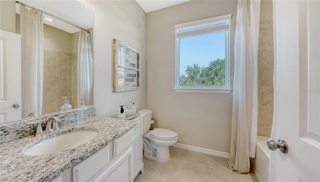 full bathroom with vanity, shower / tub combo, toilet, and tile patterned floors