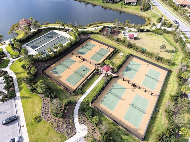 bird's eye view with a water view