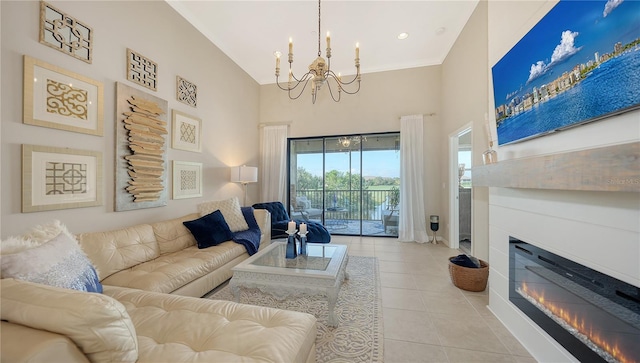 living room featuring high vaulted ceiling, a chandelier, and light tile patterned flooring