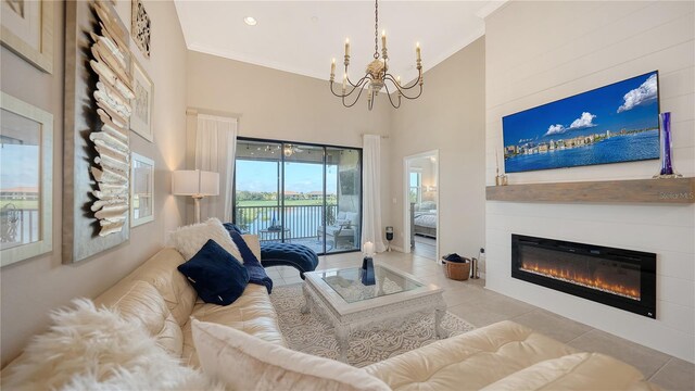 living room featuring ornamental molding, a fireplace, and a high ceiling