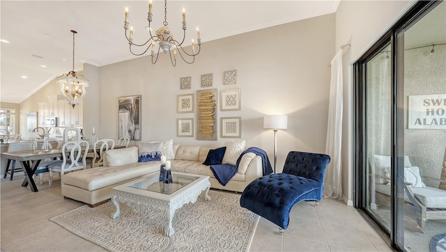 living room featuring crown molding, lofted ceiling, light tile patterned floors, and a notable chandelier