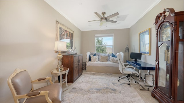 tiled office space with ornamental molding and ceiling fan