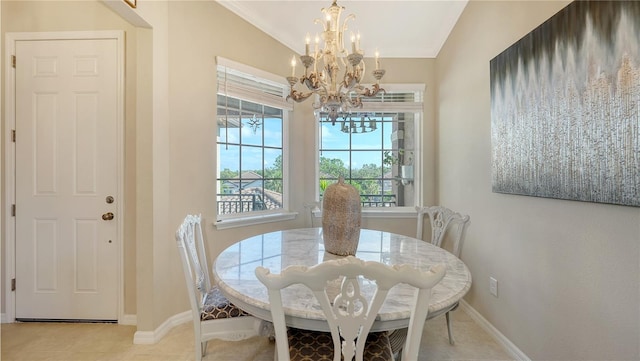 tiled dining room with vaulted ceiling and a chandelier