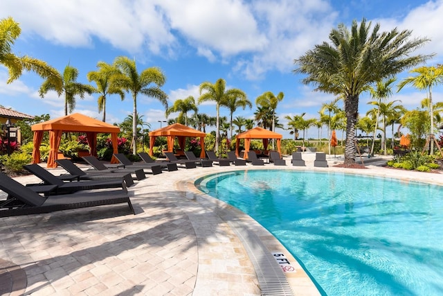 view of pool featuring a gazebo and a patio area