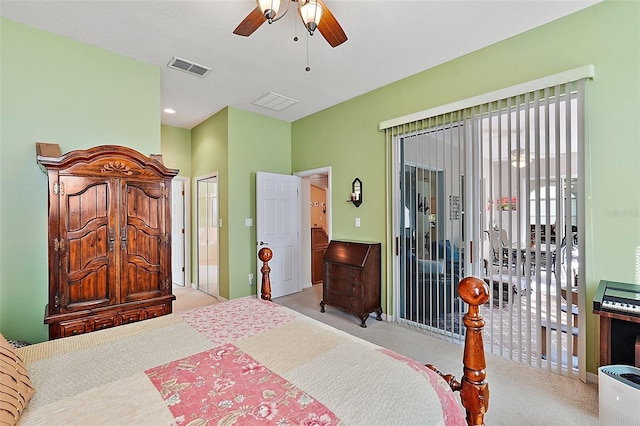 carpeted bedroom with connected bathroom, access to outside, and ceiling fan