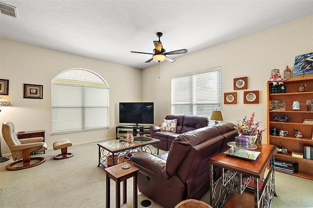 living room featuring plenty of natural light, carpet flooring, and a textured ceiling