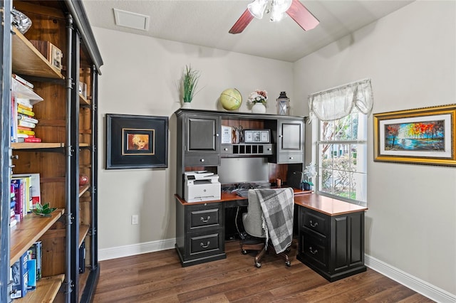 office area featuring ceiling fan and dark hardwood / wood-style floors