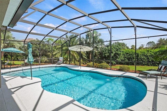 view of swimming pool with a patio and glass enclosure