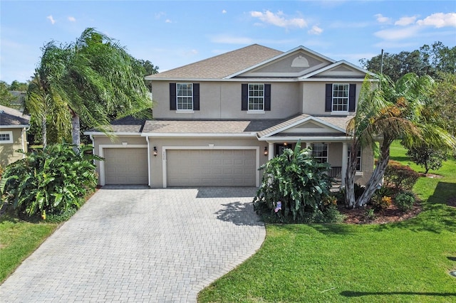 front of property with a front lawn and a garage