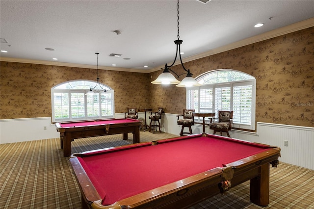 recreation room with ornamental molding, carpet, and pool table