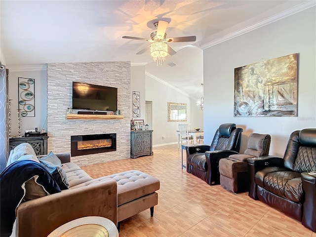 tiled living room with ceiling fan, lofted ceiling, ornamental molding, and a stone fireplace