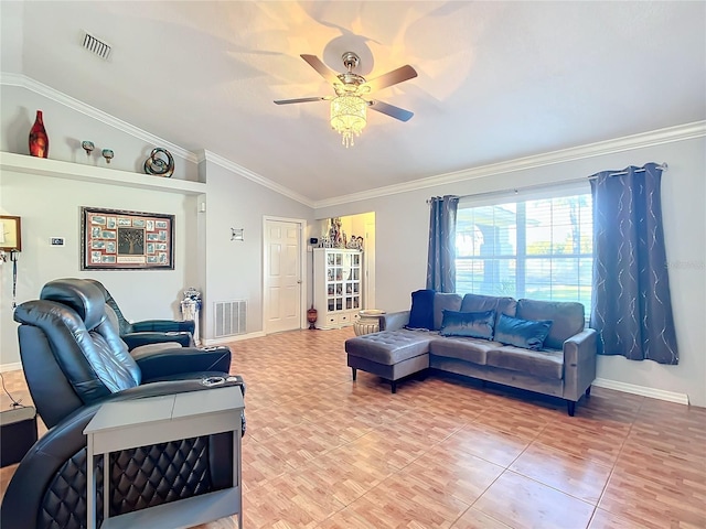 living room featuring crown molding, lofted ceiling, and ceiling fan