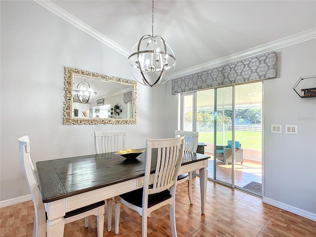 tiled dining room with crown molding and an inviting chandelier