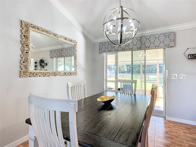 tiled dining space with an inviting chandelier and ornamental molding