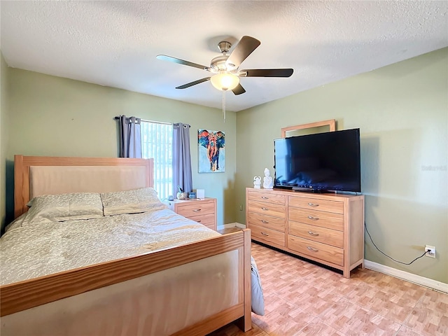 bedroom featuring a textured ceiling and ceiling fan