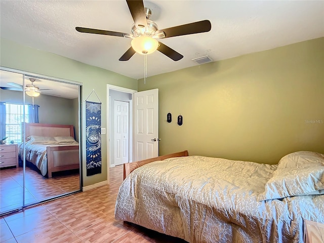 bedroom featuring ceiling fan and a closet