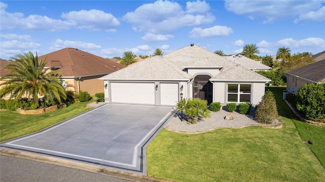 ranch-style home with a front yard and a garage