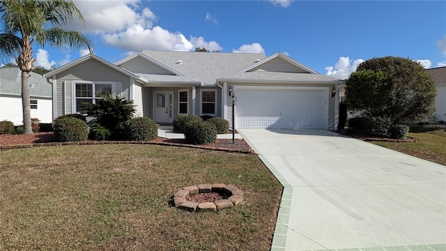 single story home featuring a front yard and a garage