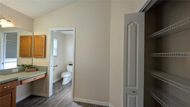 bathroom with lofted ceiling, toilet, and wood-type flooring