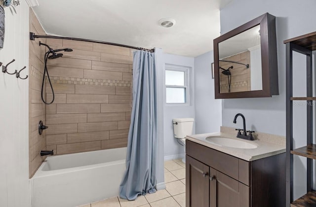 full bathroom with shower / bath combo, tile patterned floors, toilet, and vanity