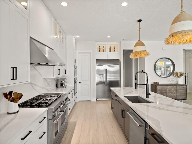 kitchen with white cabinets, hanging light fixtures, premium appliances, sink, and ventilation hood