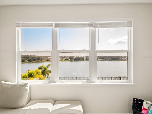 sitting room with plenty of natural light and a water view