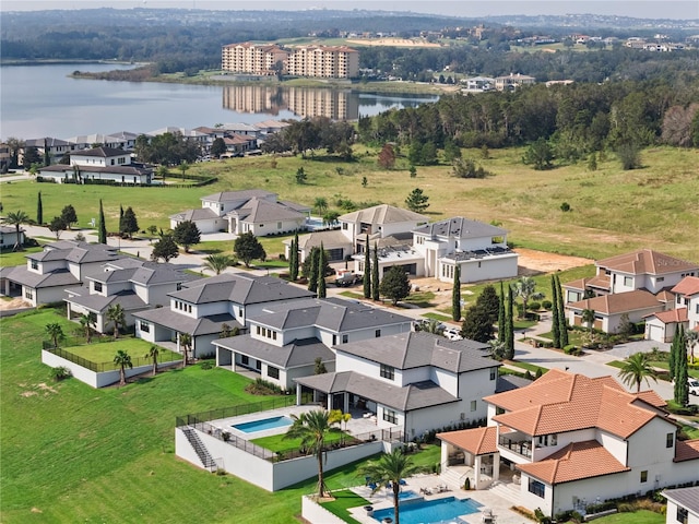 aerial view featuring a water view