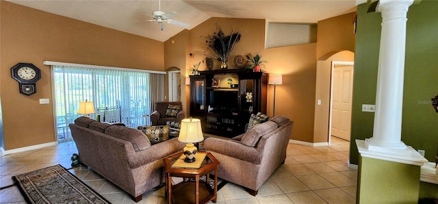 tiled living room with ornate columns, high vaulted ceiling, and ceiling fan