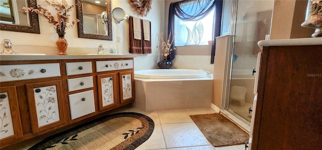 bathroom with plus walk in shower, tile patterned floors, and vanity