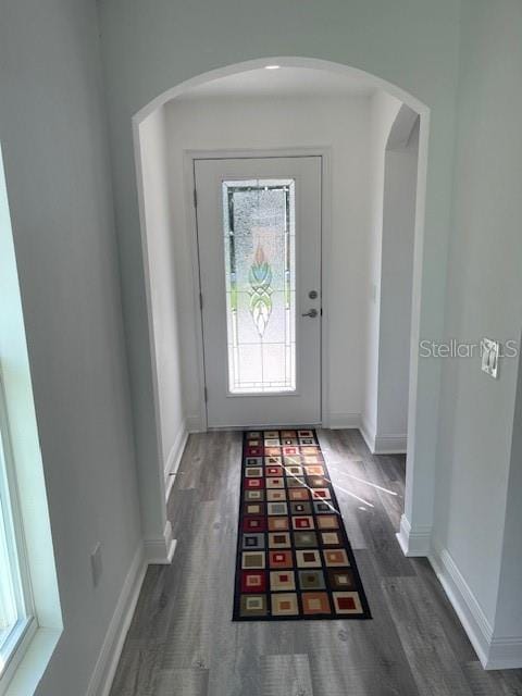 entryway with dark wood-type flooring