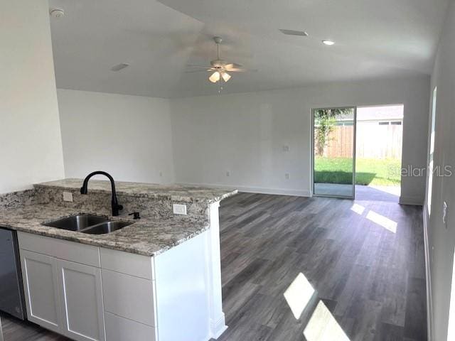 kitchen with a ceiling fan, dark wood-style flooring, light stone countertops, and a sink