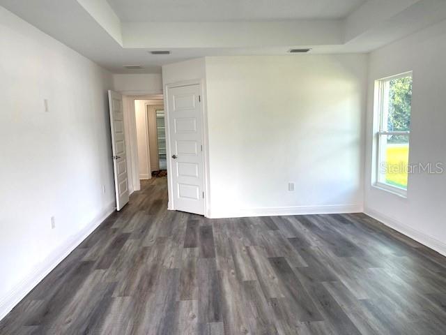 spare room featuring dark wood-type flooring and a tray ceiling