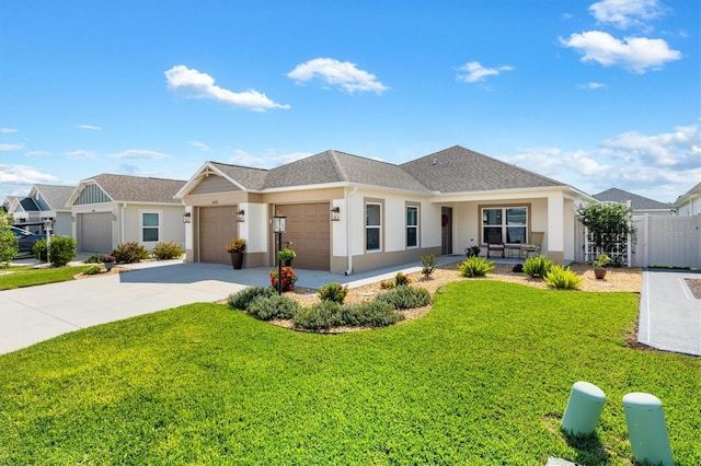 view of front of property with a front yard, a garage, and a porch