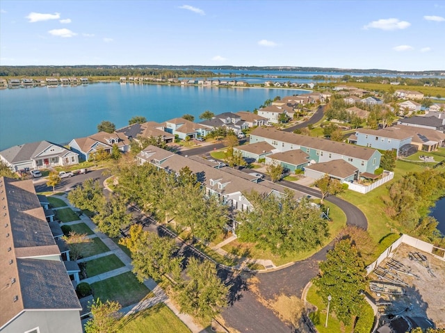 drone / aerial view featuring a water view