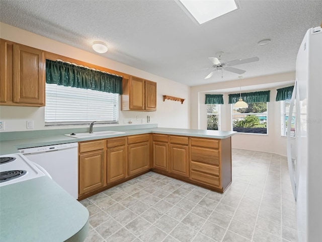 kitchen featuring ceiling fan, pendant lighting, sink, kitchen peninsula, and dishwasher