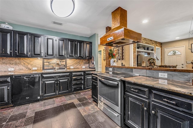 kitchen featuring custom exhaust hood, black dishwasher, tasteful backsplash, electric stove, and sink